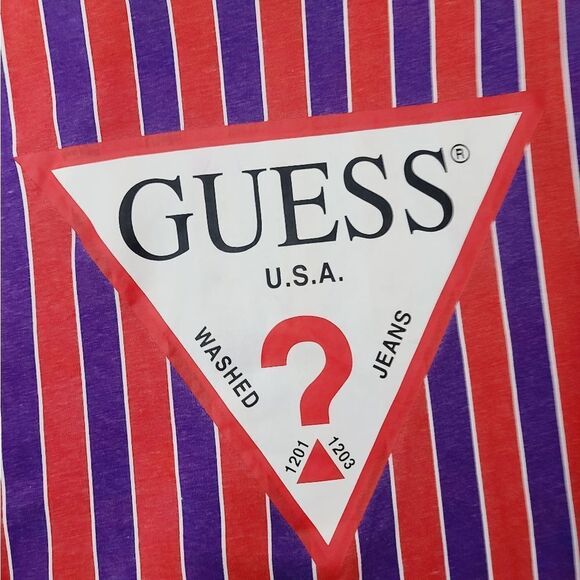 Y2K Guess Retro Red Purple Striped Classic Logo Long Sleeve T-shirt - Picture 3 of 16